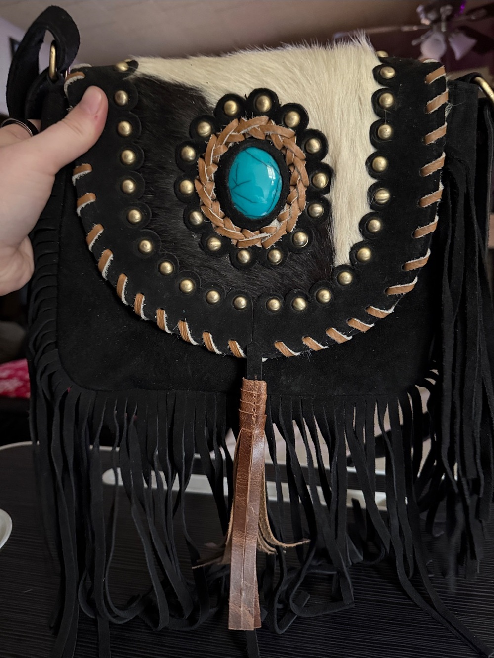 Black Fringe Crossbody with Turquoise Stone Accent